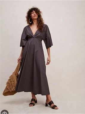 NWT Free People Find Me Here Cotton Midi  V-Neck Dress In Shaded Rock Size S